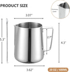 Milk Frother Pitcher 20 OZ，Espresso Milk Frothing Pitcher, Milk Steamer Cup Steaming Pitcher, Stainless Steel Coffee Froth Cup with Latte Art Pen for Coffee Cappuccino (Silver)