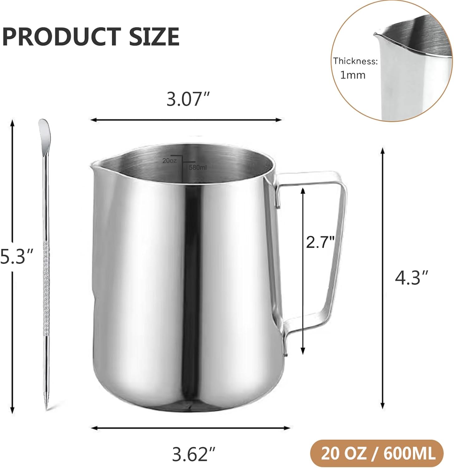 Milk Frother Pitcher 20 OZ，Espresso Milk Frothing Pitcher, Milk Steamer Cup Steaming Pitcher, Stainless Steel Coffee Froth Cup with Latte Art Pen for Coffee Cappuccino (Silver)
