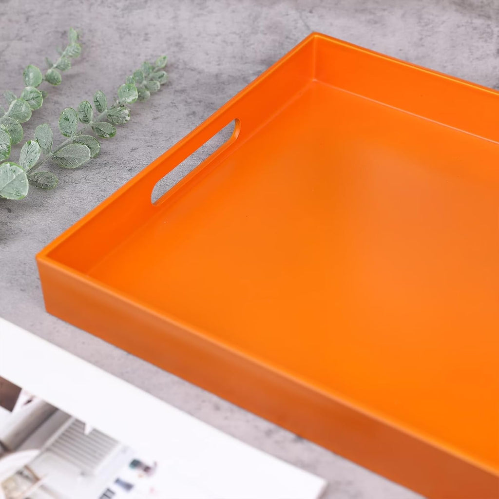 Ornage Serving Tray for Coffee Table, Rectangular Plastic Decorative Tray with Handles for Entertaining, Outdoor Patio, Living Room, Ottoman, Bathroom Counter, 11.8”*15.7”*1.6”