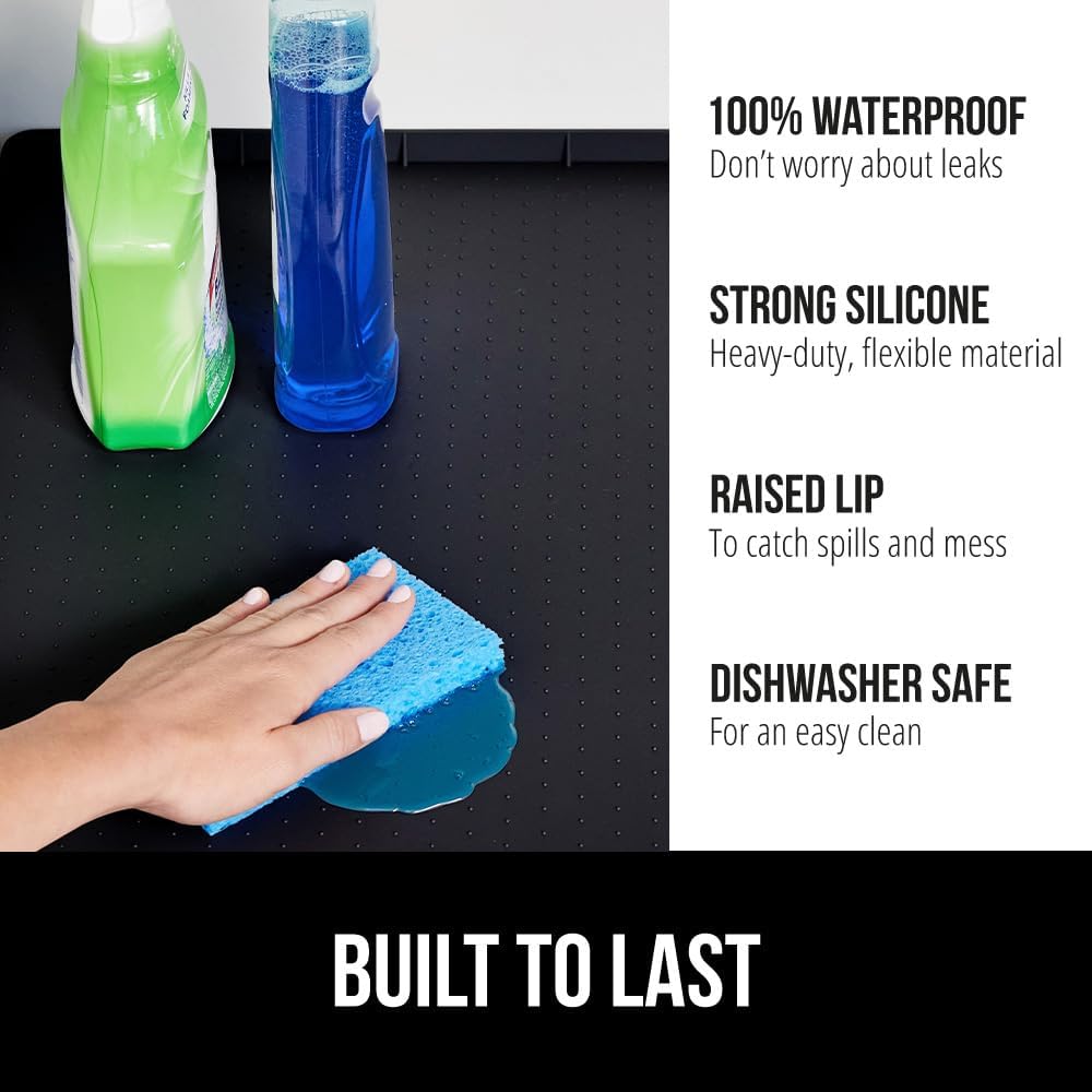 GORILLA GRIP Waterproof Silicone Under Sink Mat with Raised Lip for Kitchen and Bathroom, 46 x 22 in, Cabinet Shelf Liner Stay in Place Mats Dishwasher Safe Drawer Liner, Organizer Tray, Black