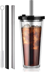 ALINK Reusable Iced Coffee Cup with Lid and Straw, 24 oz Boba Tea Smoothie Cup, Leak Proof Double Wall Insulated Iced Coffee Tumbler for Hot Cold Drinks, Bubble Tea, With 2 Boba Straws 1 Brush
