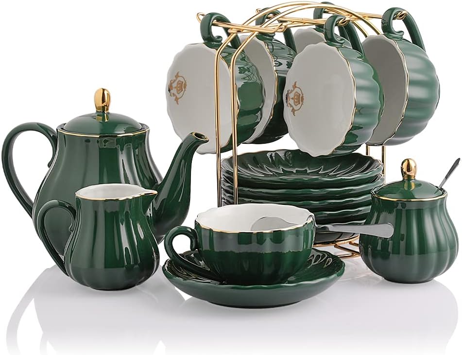 Porcelain Tea Sets British Royal Series, 8 OZ Cups& Saucer Service for 6, with Teapot Sugar Bowl Cream Pitcher Teaspoons and Tea Strainer, Suitable for High Tea, Wedding, Party (Jade)