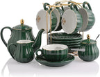 Porcelain Tea Sets British Royal Series, 8 OZ Cups& Saucer Service for 6, with Teapot Sugar Bowl Cream Pitcher Teaspoons and Tea Strainer, Suitable for High Tea, Wedding, Party (Jade)