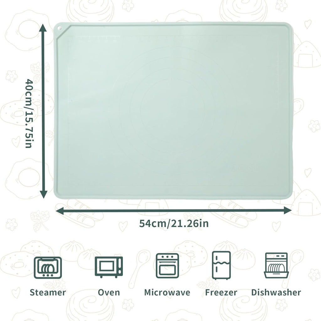 Silicone Baking Mat - Extra Thick Non-Stick Pastry Mat with Measurement Markings, 21"x15" Non-Slip Silicone Pad with Raised Edges (Light Green)
