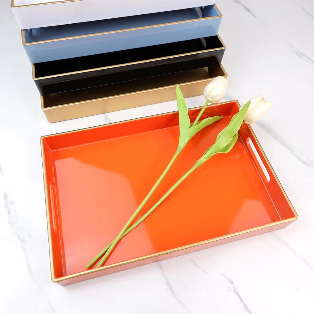 Spsyrine Orange Bathroom Vanity Tray with Handles for Dresser Tops, Countertop, Perfume Decorative Tray, 11.8” * 7.87” *1.37”