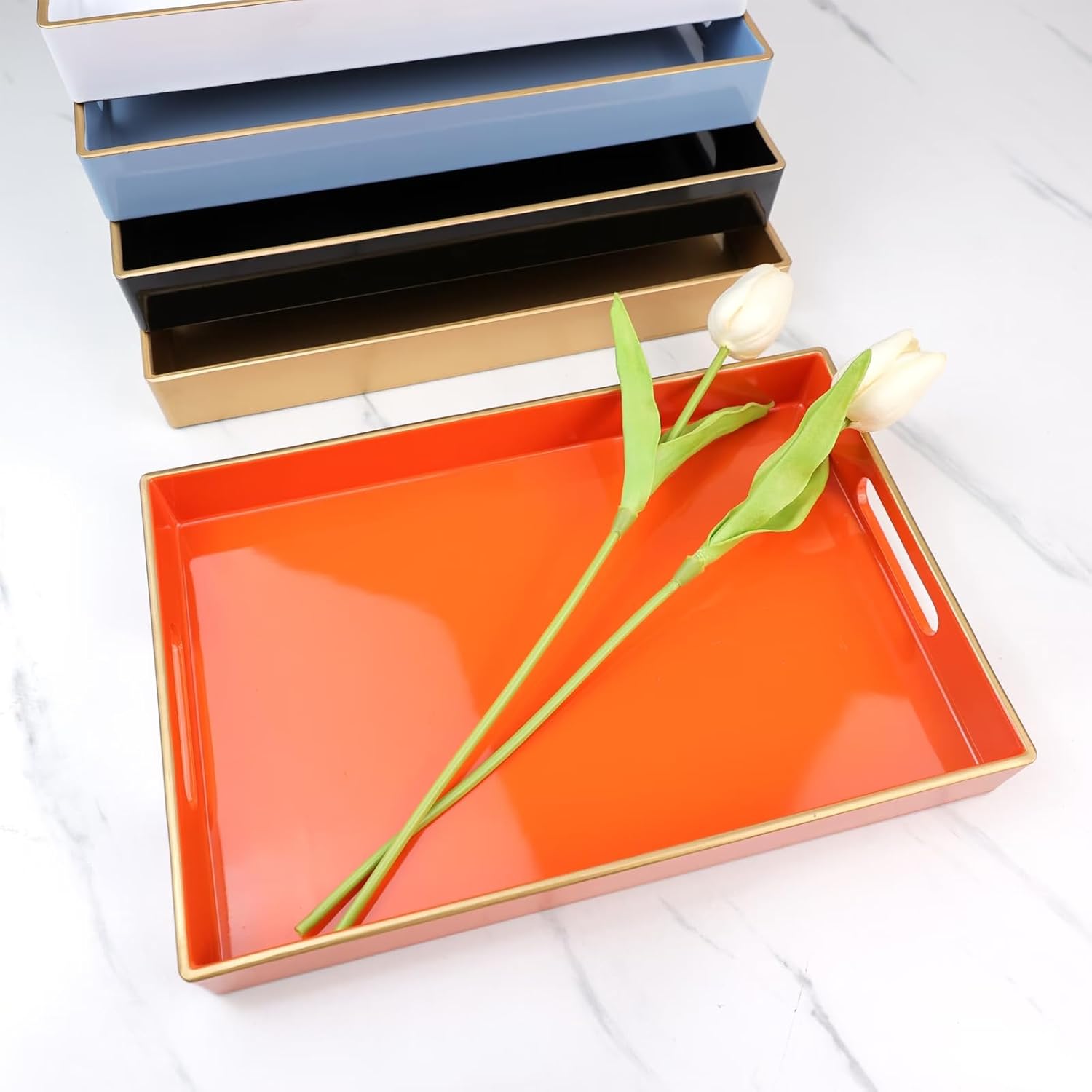 Spsyrine Orange Bathroom Vanity Tray with Handles for Dresser Tops, Countertop, Perfume Decorative Tray, 11.8” * 7.87” *1.37”