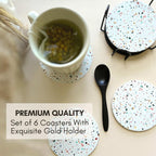 Absorbent Coaster Set of 6 with Holder, Drink Coasters for Coffee Table, Kitchen, Home Decor, Cute Ceramic Round Coasters, Alternative to Silicone, Cork or Glass Coaster (Confetti with Black Holder)