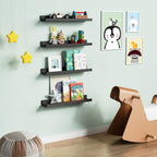 Forbena 24 Inch Long Picture Ledge Shelf Set of 4, Black Wood Floating Shelves with Lip for Wall, Rustic Display Shelves for Living Room Bedroom Bathroom Office Photo Frames Plants Books Art Decor