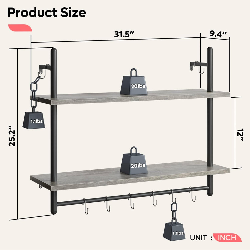 Bestier Pipe Shelf Industrial Floating Shelving 31" Kitchen Wall-Mounted Shelves with 8 Towel Bar Hooks Coffee Bar Shelf Wine Hanging Display Rack Bookshelf Living Room Decor Bathroom-Retro Grey