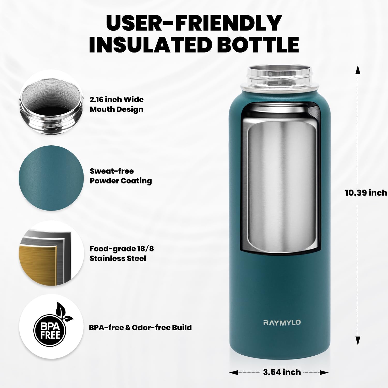 Insulated Water Bottle 40 oz, Triple Wall Vacuum Stainless Steel (Cold for 48 Hrs), Leak Proof & Non-BPA, Modern Water Flask Jug with Paracord Handle & Straw Spout Lids, Dark Green