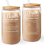 Chaos Coordinator 16oz Can Glass Tumbler with Bamboo Lid & Straw, Iced Coffee Cup for Female Coworker Friends Colleagues, Aesthetic Cups Gifts for Birthday Christmas Farewell Retirement