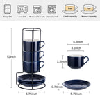 YOLIFE 8oz Porcelain Stackable Cappuccino Cups with Saucers and Metal Stand Set of 4, Coffee cups for Espresso, Specialty Coffee Drinks, Latte, Americano and Tea - Blue
