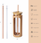 Kodrine 20oz Glass Water Tumbler with Straw and Lid, Bamboo Lids Water Bottle, Iced Coffee Cup Reusable, Wide Mouth Smoothie Cups with Protective Silicone Sleeve BPA FREE-Amber