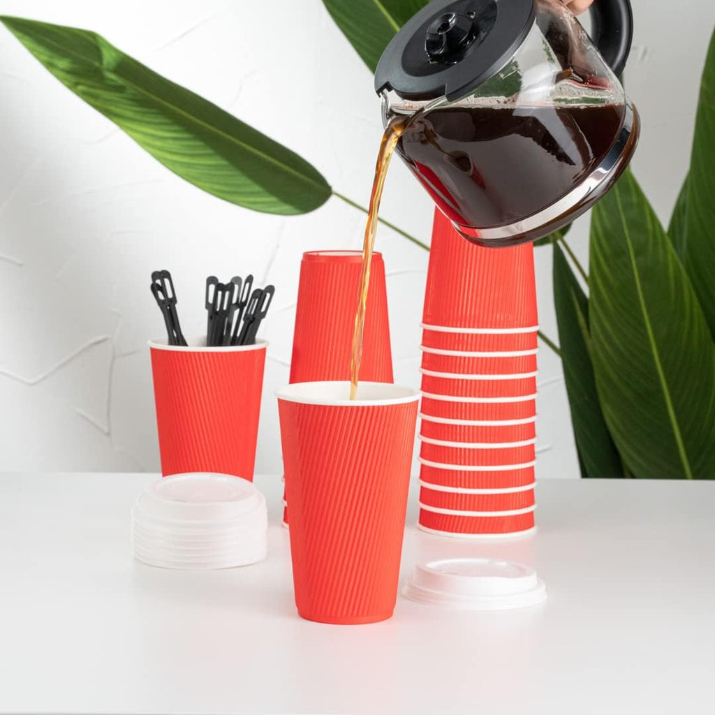 Restaurantware 16 Ounce Ripple Wall Disposable Coffee Cups, 500 Insulated Red Paper Tumblers with Rolled Rim Design, Lids Sold Separately for Hot Drinks like Tea, Hot Chocolate, and More