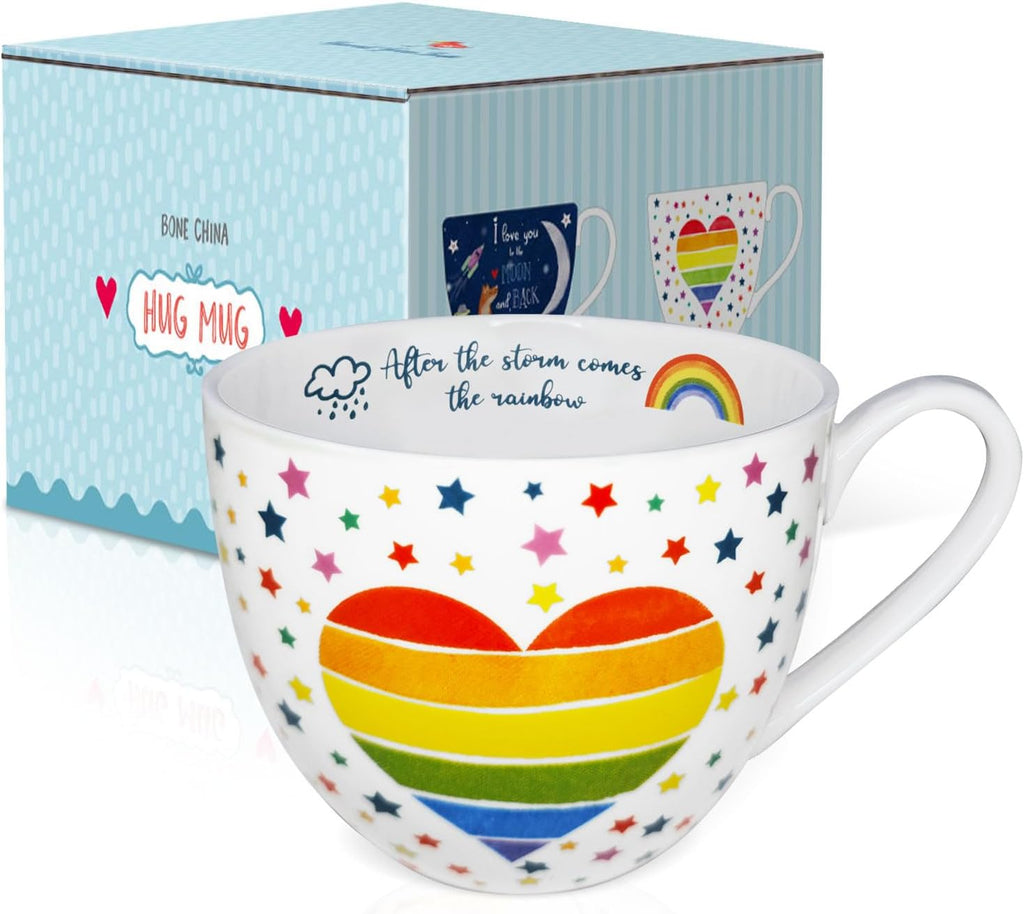 Rainbow Heart Coffee Mug, Premium 20 oz Bone China Hug Mug, Inspiring Gift of Hope and Positivity, Perfect for Birthdays, Holidays, and Christmas, Designed in England by Harvest Green Studio