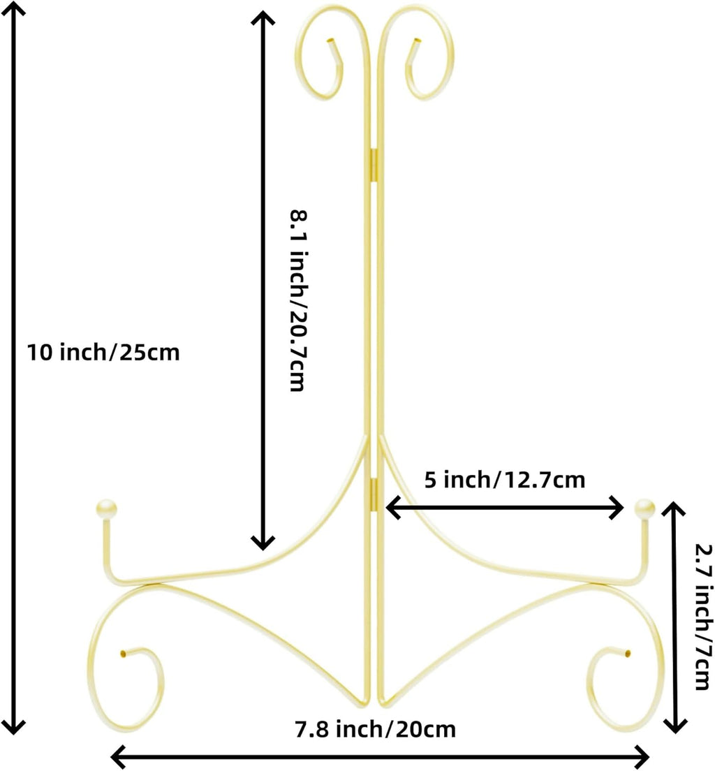10 Inch Display Plate Stand with Folding Design, Metal Plate Holder for Tables, Picture Easel for Home Decoration, Photo Frame Stand, 10'' Gold, 2-Pack