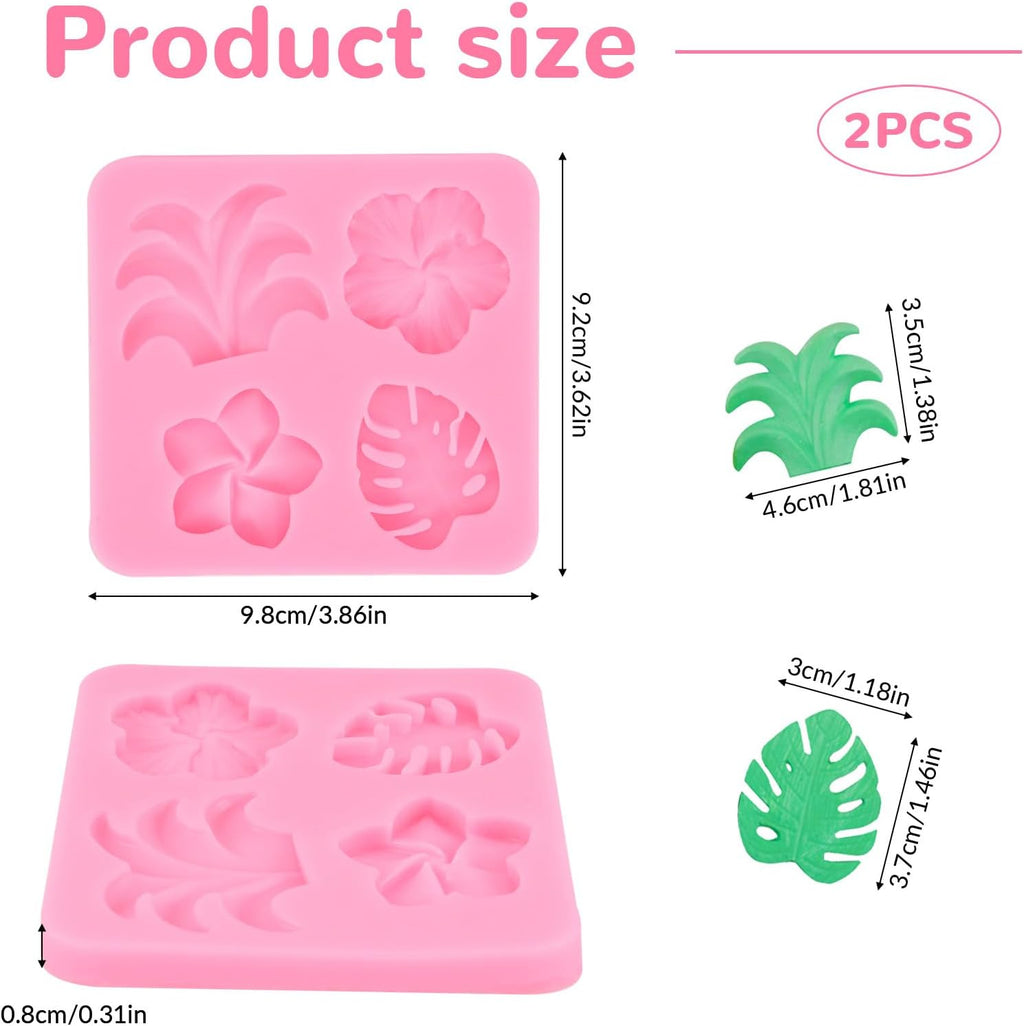 2 Pcs Tropical Flowers and Leaves Silicone Mold Set Plumeria,Hibiscus,Monstera Leaf for Diy Chocolate,Candy,Gummy Molds,Fondant,Cupcake Topper,Hawaiian Party Decoration(Pink)