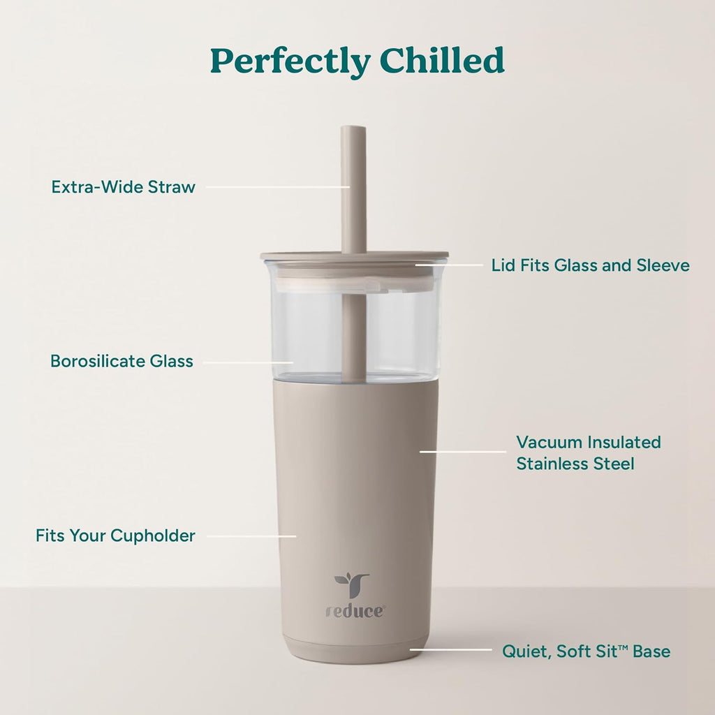 REDUCE Aspen 20 oz Vacuum Insulated Glass Tumbler with Lid & Extra Wide Straw - Keeps Drinks Cold for 12 Hrs - Ideal for Iced Coffee, Smoothies & Boba - Dishwasher Safe, Soft Base - Sand