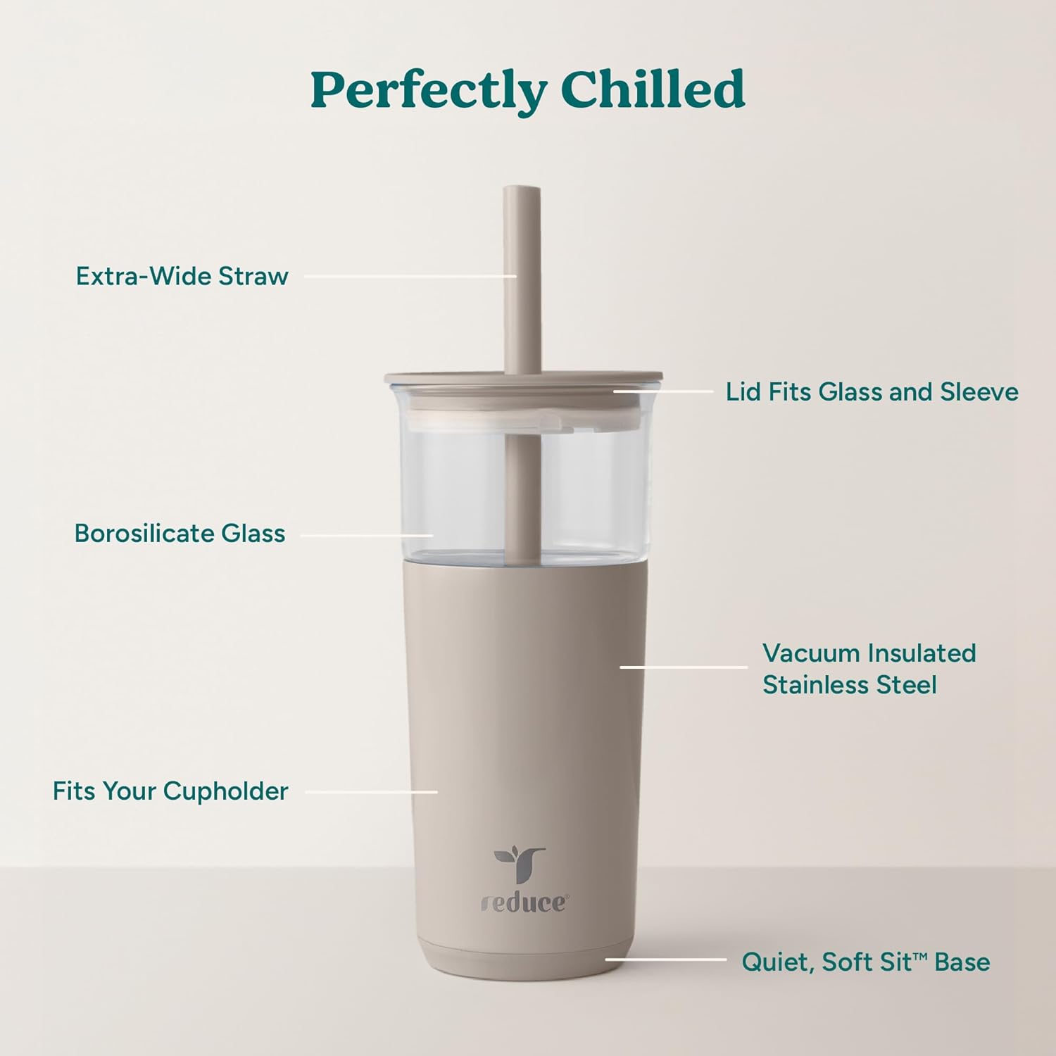 REDUCE Aspen 20 oz Vacuum Insulated Glass Tumbler with Lid & Extra Wide Straw - Keeps Drinks Cold for 12 Hrs - Ideal for Iced Coffee, Smoothies & Boba - Dishwasher Safe, Soft Base - Sand