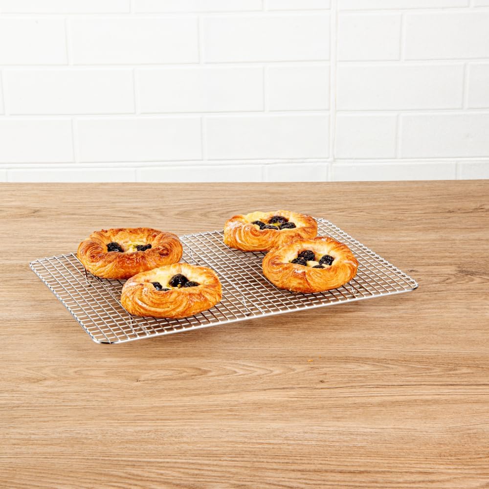 Restaurantware Met Lux 9.8 x 14.8 Inch Wire Baking Rack 1 Heavy-Duty Oven Wire Rack - Fits Jelly Roll Pan Dishwashable Stainless Steel Cooling Rack Elevated Feet Oven-Ready Up To 575F