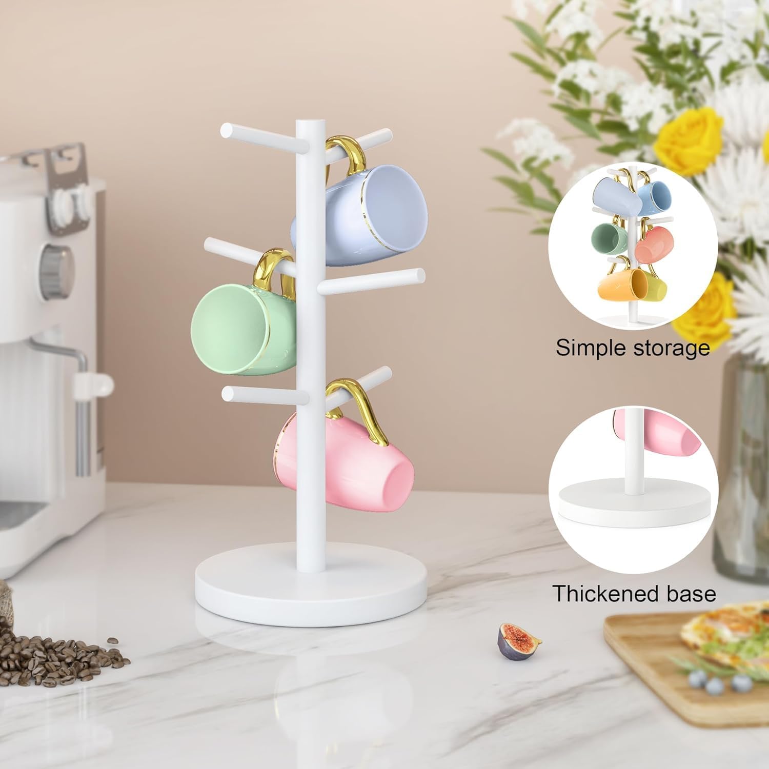 Wisuce Black Coffee Mug Tree Bamboo Mug Holder Coffee Cup Stand Mug Holders for Countertop Coffee Mug Rack Organizer Stand (White)