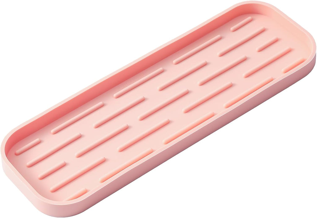 Silicone Kitchen Sink Organizer Tray for Multiple Usage,Easy Clean,Eco-Friendly Sponges Holder for Kitchen Bathroom Counter or Sink,Dish Soap Dispenser,Scrubber,Bottle,Cup Pink 12" x 4”