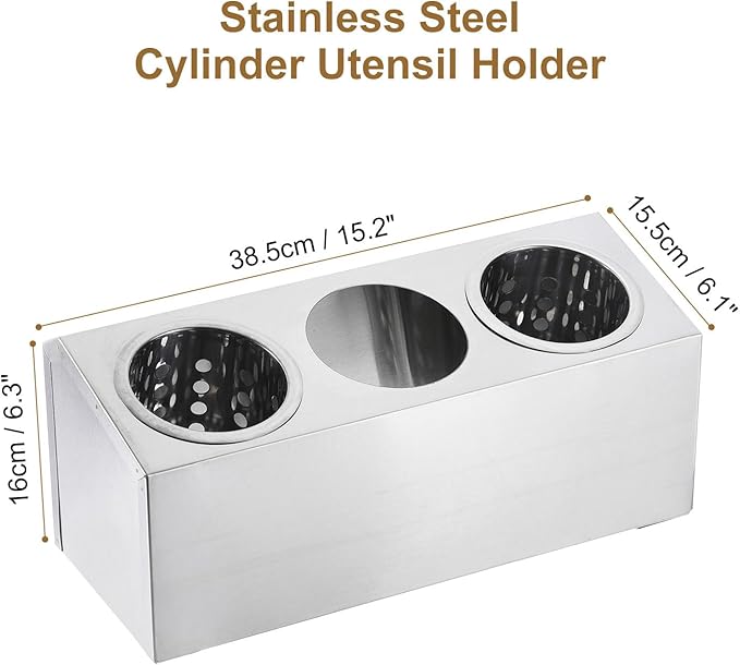 uxcell Kitchen Utensil Holder, Stainless Steel Cylinder Flatware Silverware Utensil Holder with 3 Compartments, Caddy Drying Rack Countertop Silverware Organizer for Buffets (3 Holes)