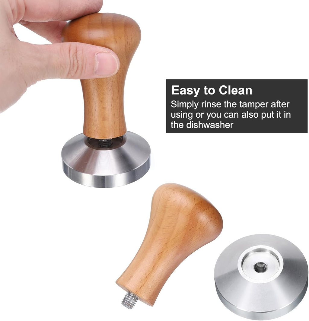 uxcell 53mm Espresso Tamper, Stainless Steel Press Tool Tamper with Wooden Handle, Espresso Accessories for Baristas, Home, Shops, Cafe (Flat Base, Deep Wooden)