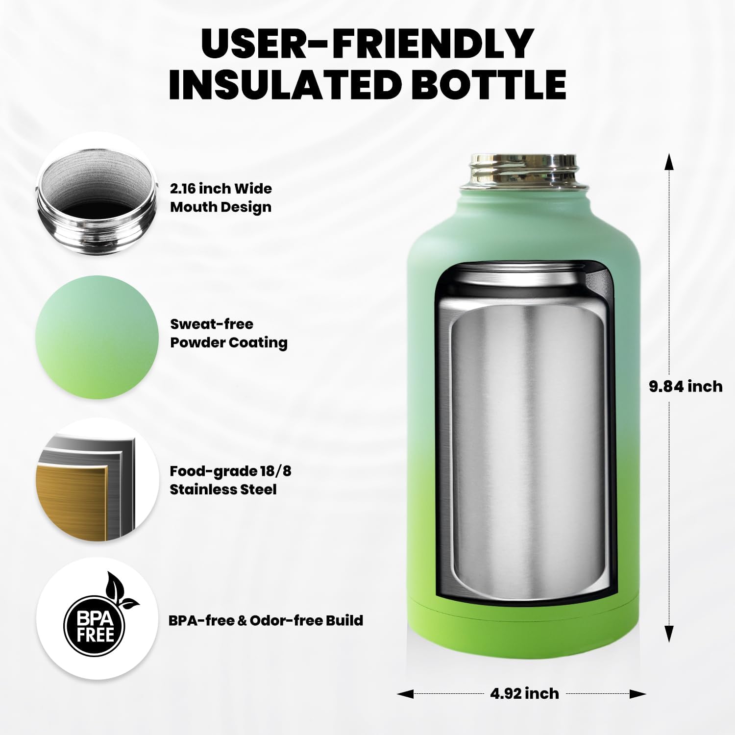 Insulated Water Bottle 64 oz, Triple Wall Vacuum Stainless Steel (Cold for 48 Hrs), Leak Proof & Non-BPA, Half Gallon Water Flask Jug with Paracord Handle & Straw Spout Lids