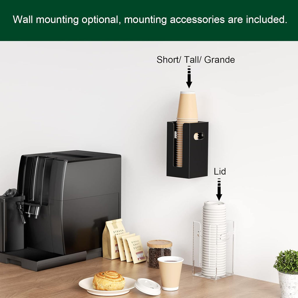 Disposable Coffee Cup Dispenser with Handles, Countertop or Wall Mount Hot/Cold Drink Cup and Lid Holder - Bathroom/Kitchen/Office Acrylic Cup Lid Storage Organizer (1 Compartment, Black)