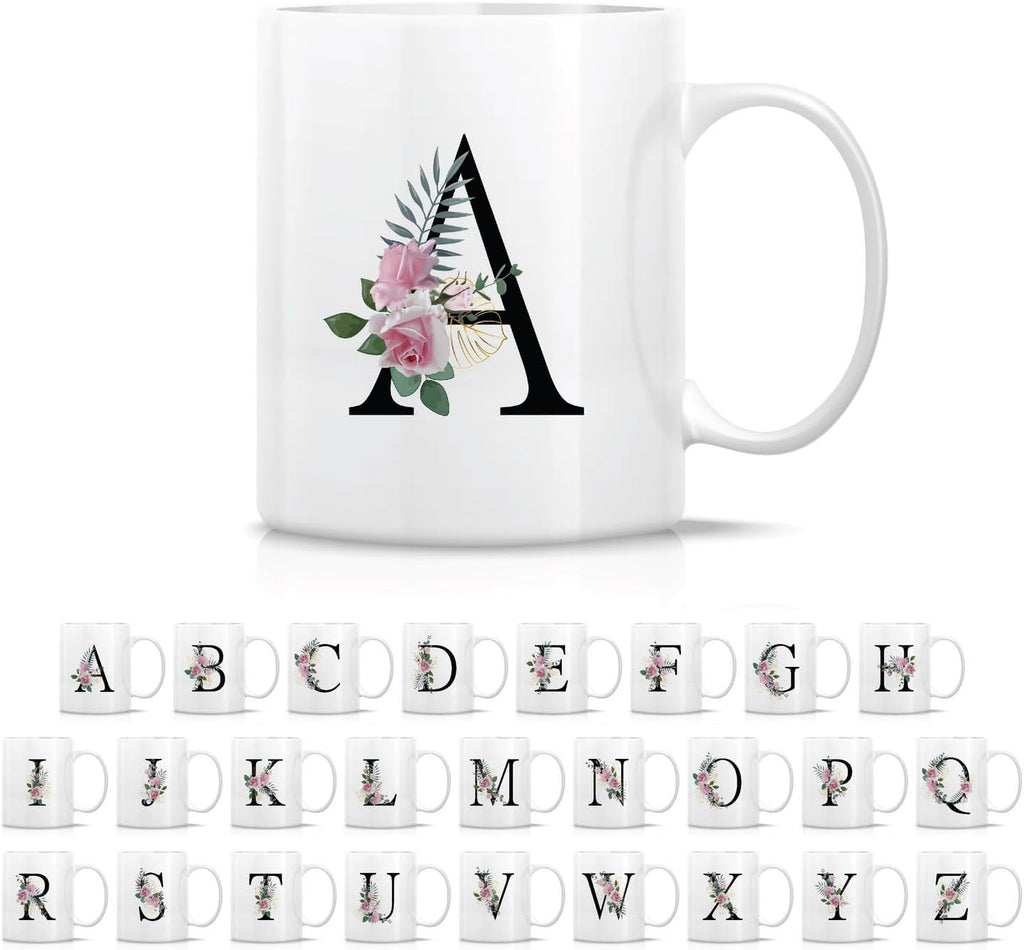 Retreez Initial A-Z Floral Botanical Bouquet Alphabet Monogrammed Monogram Mug 11 Oz Ceramic Tea Coffee Mugs - Appreciation Thank You Wedding Birthday Gifts for her friend coworker sister - A Initial