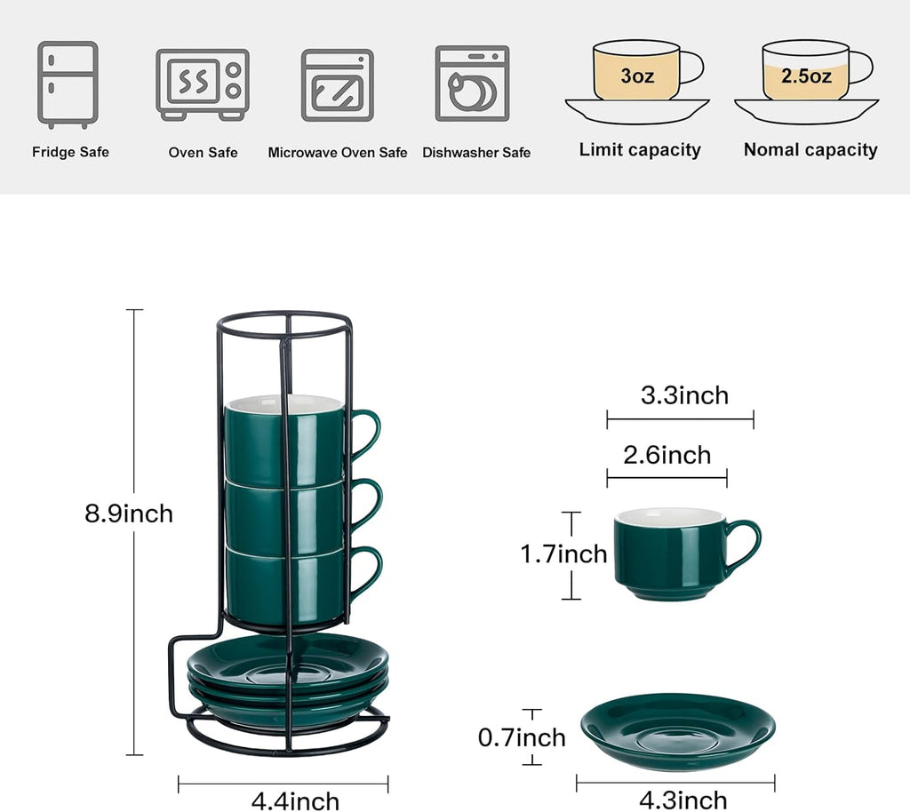 YOLIFE 2.5oz Porcelain Stackable Espresso Cups with Saucers and Metal Stand Set of 4, Stackable Cappuccino Cups, Green Expresso Shots Cup Set for Coffee Drinks, Latte, Tea