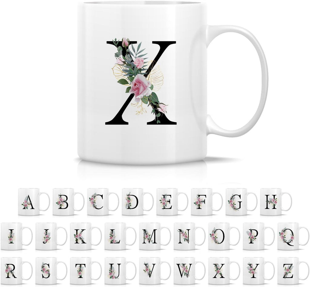 Retreez Initial A-Z Floral Botanical Bouquet Alphabet Monogrammed Monogram Mug 11 Oz Ceramic Tea Coffee Mugs - Appreciation Thank You Wedding Birthday Gifts for her friend coworker sister - X Initial