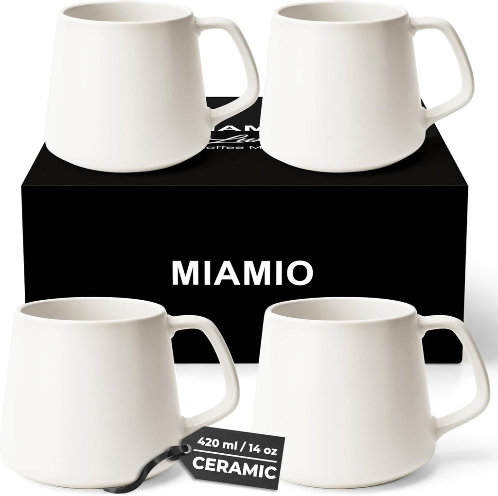 MIAMIO - Coffee Mugs Set of 4 / Large Ceramic Coffee Cups (14 oz) - Mug for Cappuccino, Tea, Espresso - Microwave and Dishwasher Safe - Luxe Collection (White Series)