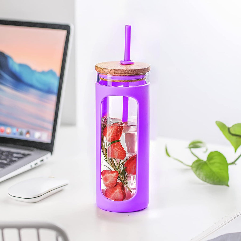 Kodrine 20oz Glass Tumbler with Straw and Lid, Iced Coffee Cups with Bamboo Lids, Glass Cups for Cold Drinks, Smoothie Cup with Silicone Sleeve for Travel, Work, BPA FREE-DarkPurple