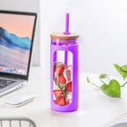 Kodrine 20oz Glass Tumbler with Straw and Lid, Iced Coffee Cups with Bamboo Lids, Glass Cups for Cold Drinks, Smoothie Cup with Silicone Sleeve for Travel, Work, BPA FREE-DarkPurple