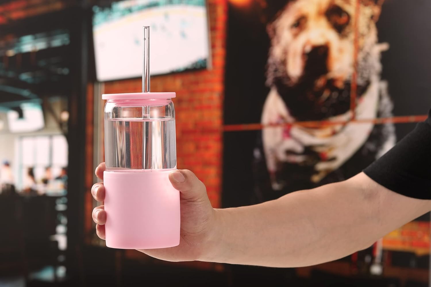 Sunseeke Glass Tumbler with Straw and Lid, 16oz Ice Coffee Cup, Silicone Sleeve Cleaning Brushes, Drinking Glasses for Water, Iced Coffee, Smoothie - BPA Free -3Pack