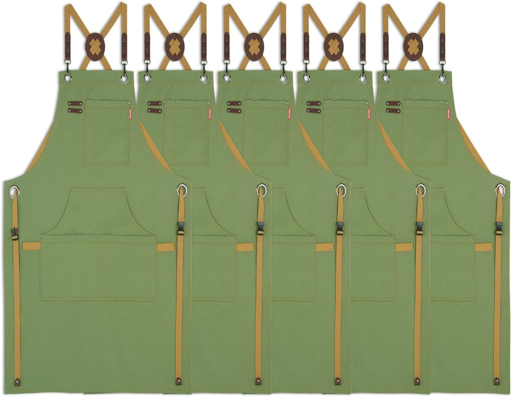 5 Pack Kitchen Apron, Work Apron, Canvas, Multiple Pockets, Gardening, Painting, BBQ, Artist, Carpenter, Sizes M to XXL, Olive
