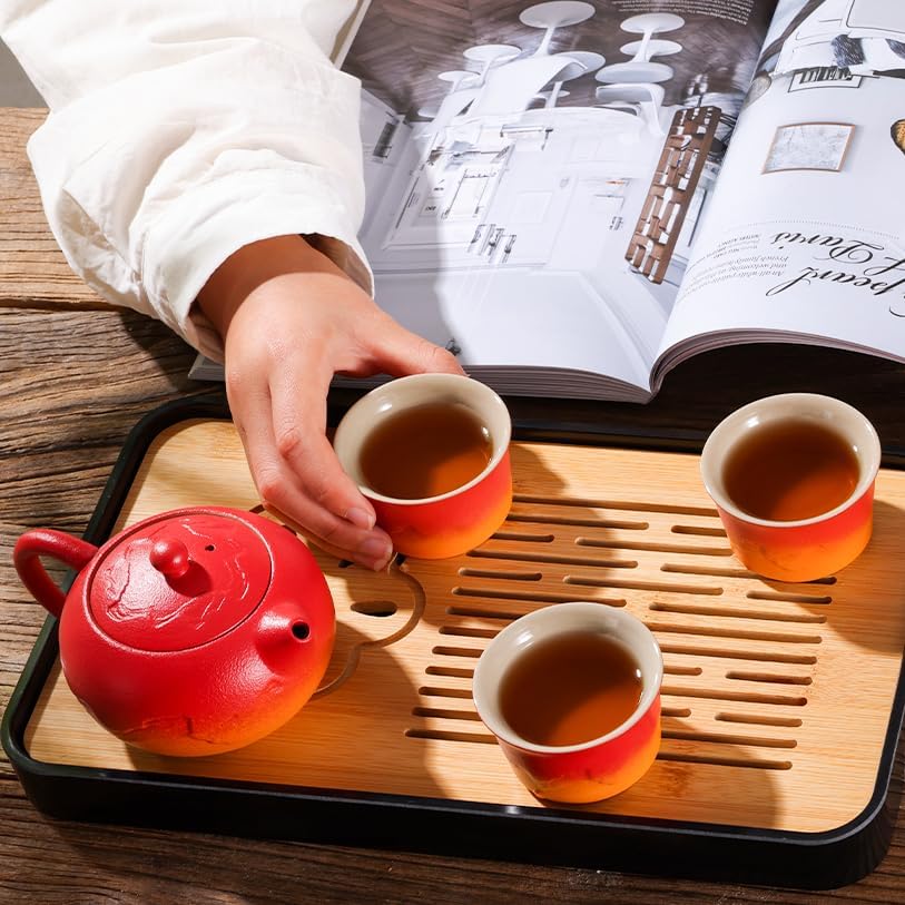 LURRIER Gongfu tea sets, Portable Ceramic TeaSet, Asian Tea sets for adult, Tea Gift sets, Grey leather case, Portable Travel Bag,Home,Gifting,Outdoor and Office(XRed and Orange)