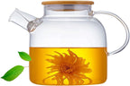 Glass Teapot 50.7oz/1500ml, Stovetop & Microwave Safe Borosilicate Tea Pot,Clear Teapot with Strainer, Glass Tea Kettle with Wooden Lid for Loose Leaf、Fruit Tea and Fragrant Tea