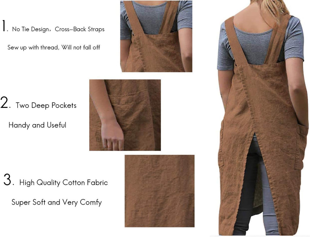 Women's Pinafore Square Apron Baking Cooking Gardening Works Cross Back Cotton/Linen Blend Dress with 2 Pockets