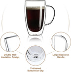 Aurzen 2 Pack Double Walled Glass Coffee Mugs with Handles, Large Insulated Layer Coffee Cups, 15oz Clear Borosilicate Mugs, Perfect for Cappuccino, Tea, Microwave Safe