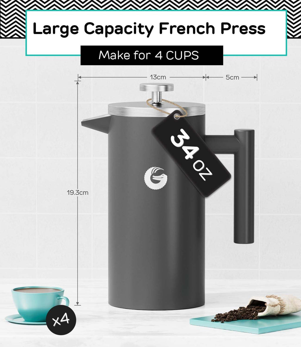 Coffee Gator French Press Coffee Maker - 34oz Double Insulated Stainless Steel Brewer plus Travel Jar Canister, Portable Hot Cold Brew Teapot Cafetera for Coffee Bar Accessories Kitchen Camping, Gray