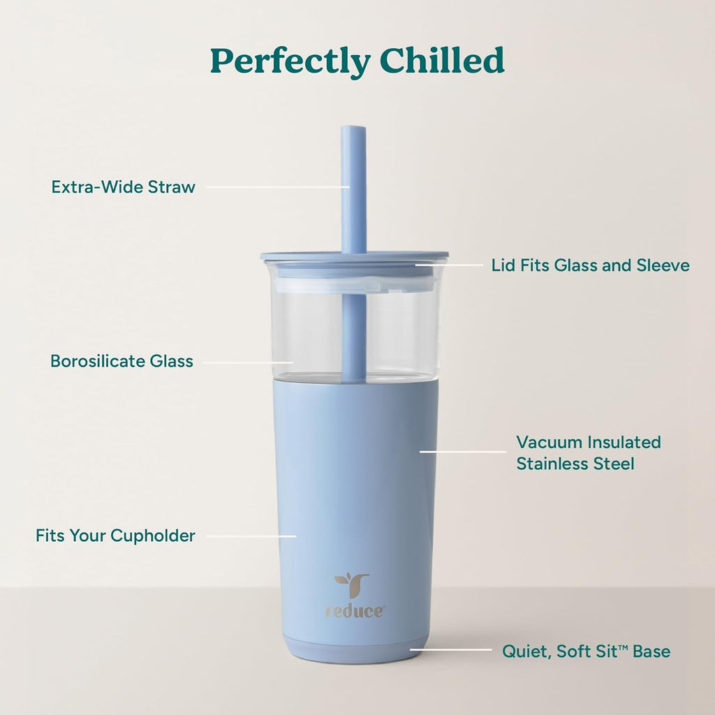REDUCE Aspen 20 oz Vacuum Insulated Glass Tumbler with Lid & Extra Wide Straw - Keeps Drinks Cold for 12 Hrs - Ideal for Iced Coffee, Smoothies & Boba - Dishwasher Safe, Soft Base - Glacier