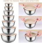 Mixing Bowls with Lids set - 25 PCS Stainless Steel Nesting Khaki Mixing Bowls Set for Baking,Mixing,Serving & Prepping,Size 5, 3.7, 2.8, 2.3, 1.7, 1.1, 0.7QT, 11 Cooking Utensils