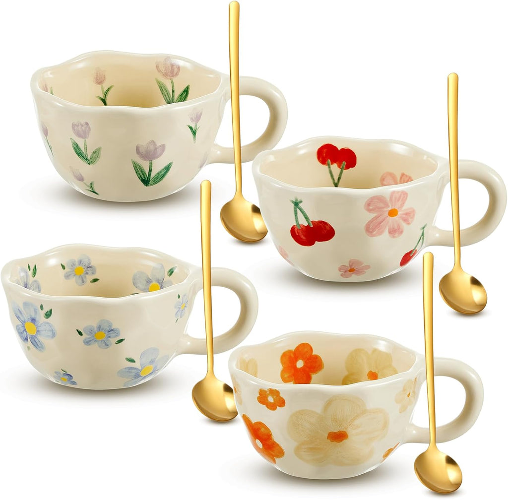 Vesici 4 Styles Cute Ceramic Flower Coffee Mug Set 8. 5 oz Vintage Aesthetic Porcelain Floral Tea Coffee Cup with Handle Dishwasher Microwave Safe for Woman Girls Gifts