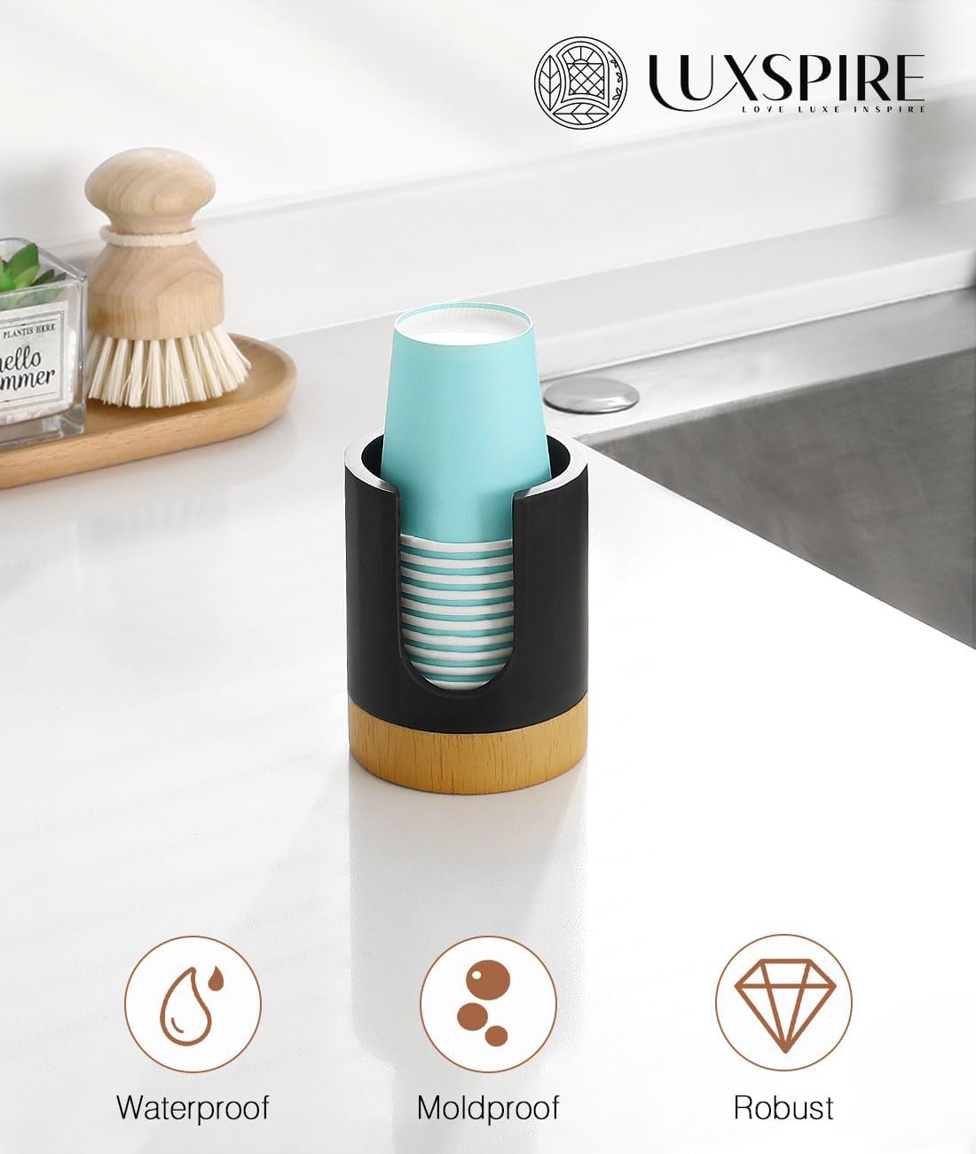 Luxspire Bathroom Cup Dispenser, 3oz Dixie Cup Dispenser, Guest Bathroom Essentials, Resin Cup Dispenser, Disposable Paper Cup Holder, Cotton Pad Holder, Bathroom Accessories - Matte Black