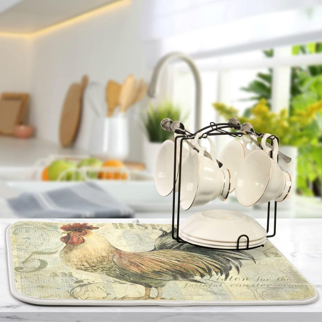 Farmhouse Rooster Dish Drying Mat 18 x 24 Inch with Hanging Loop High Absorbent Reversible Microfiber Dish Drying Pad Dish Rack Pad Drainer Mat for Kitchen Counter Coffee Bar