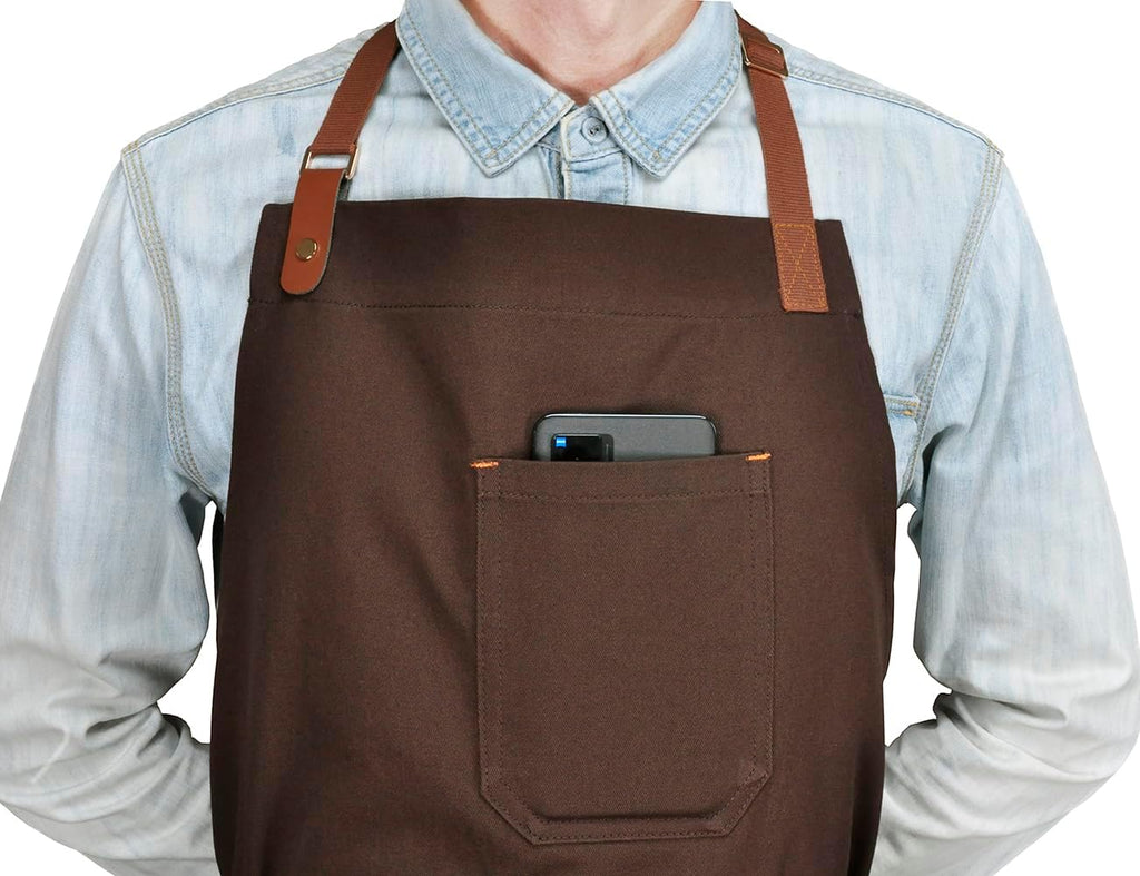 Chef Bib Apron with Pockets Professional Kitchen Cooking Grill BBQ Apron for Men Women, with Pockets Towel Loop and Adjustable Neck Strap (Brown)