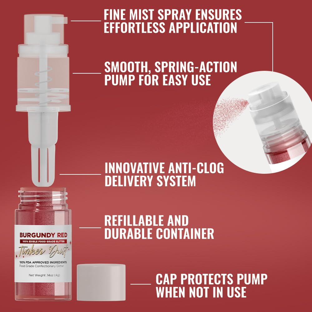 Bakell - Burgundy Red Tinker Dust (4g, 1x Mini Spray Pump) Edible Glitter for Food, Desserts, and Beverages!